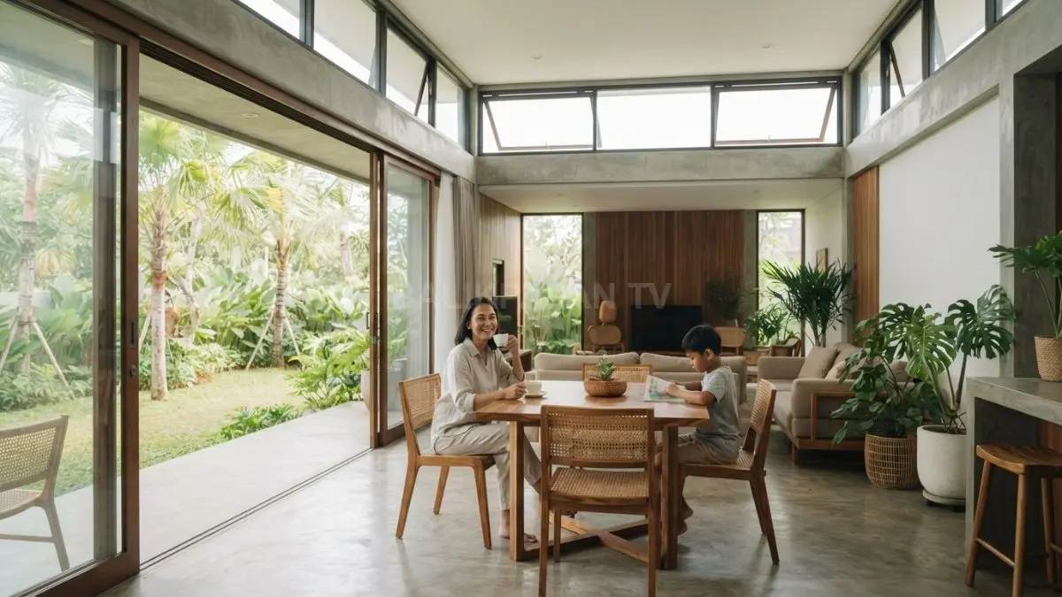 Rumah modern dengan ventilasi silang memaksimalkan sirkulasi udara alami sehingga ruangan terasa sejuk dan nyaman. (BTV/AI)