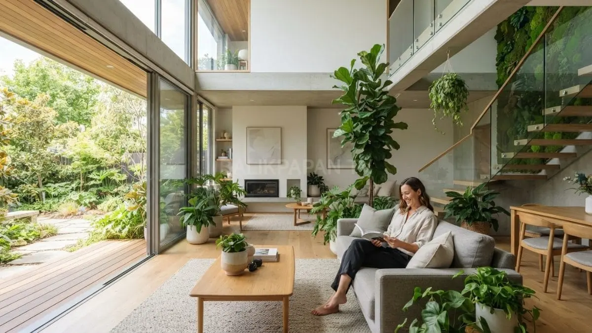 Rumah modern menerapkan biophilic design dengan cahaya alami dan tanaman menciptakan hunian sehat, nyaman, harmonis, alami. [BTV:AI]