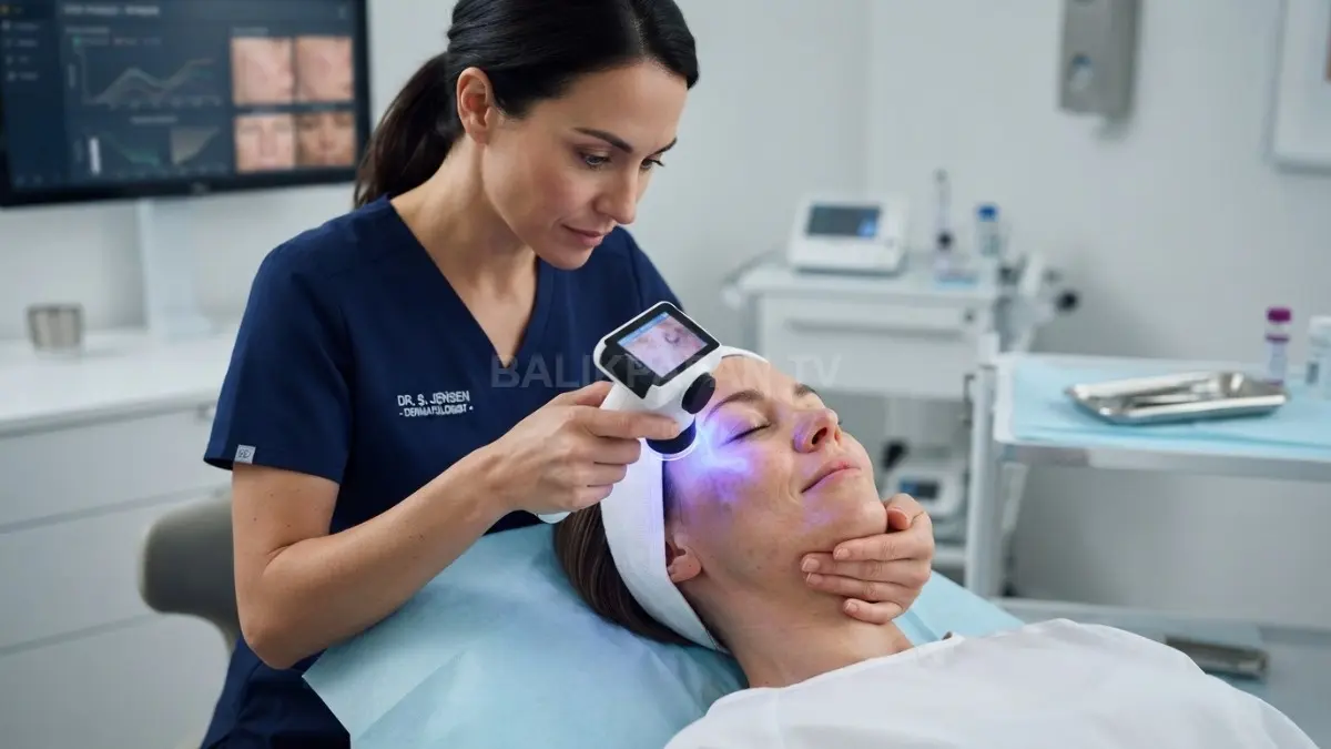 Seorang dokter spesialis kulit wanita sedang memeriksa struktur epidermis wajah pasien menggunakan alat analisis kaca pembesar digital berlampu ultraviolet. (BTV/Ai)