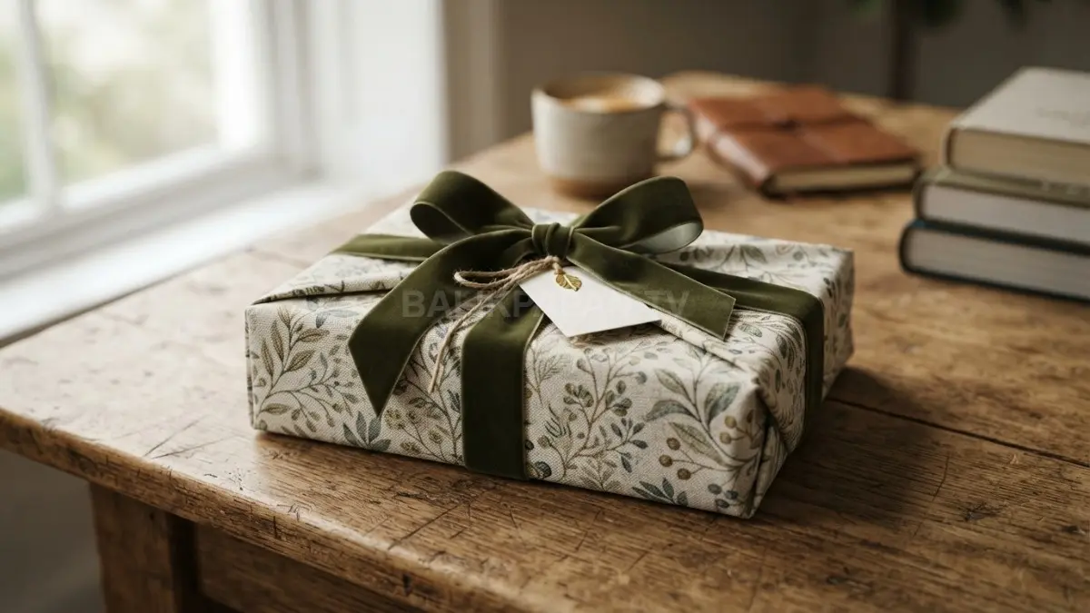 Sepaket hadiah yang terbungkus rapi menggunakan kain katun bermotif alam dengan ikatan simpul pita yang elegan di atas meja kayu. (BTV/Ai)