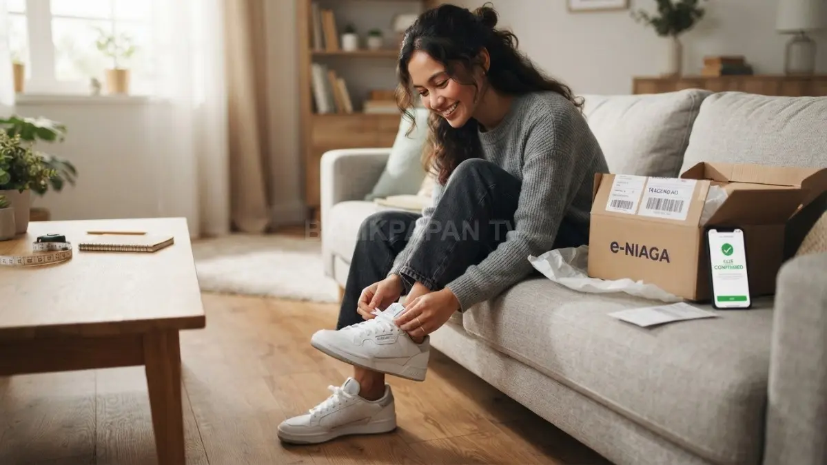 Seseorang mencoba sepatu baru yang datang dari marketplace dengan ukuran sesuai kebutuhan setelah memilih akurat (BTV/AI)
