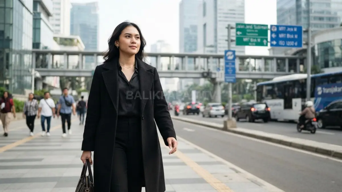 Seseorang mengenakan pakaian hitam berkualitas dengan pencahayaan alami, menampilkan tekstur kain dan warna yang tetap pekat. (BTV/AI)