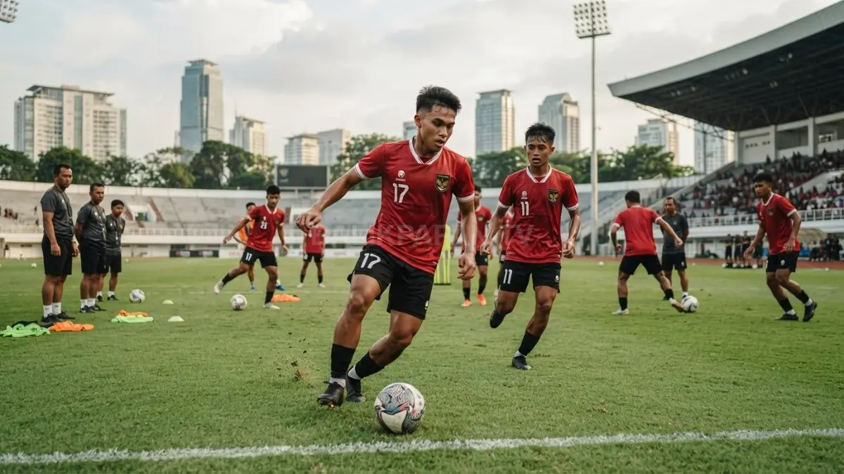 Sesi latihan Timnas Indonesia menampilkan sejumlah pemain muda yang diproyeksikan memperkuat skuad senior. (BTV/AI)