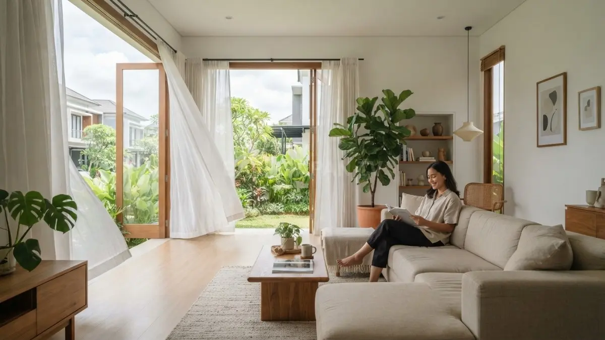 Sirkulasi udara alami menciptakan ruang tamu yang nyaman, sejuk, dan hemat energi sepanjang tahun di rumah. (BTV/AI)