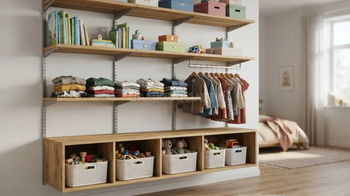 Sistem lemari modular fleksibel memudahkan penataan pakaian dan barang anak sesuai perkembangan usia mereka. (BTV/Ai)