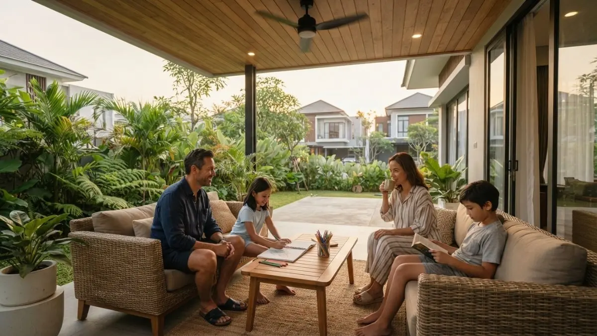 Aktivitas keluarga memanfaatkan veranda sebagai ruang santai sekaligus area pendingin alami rumah. (BTV/AI)