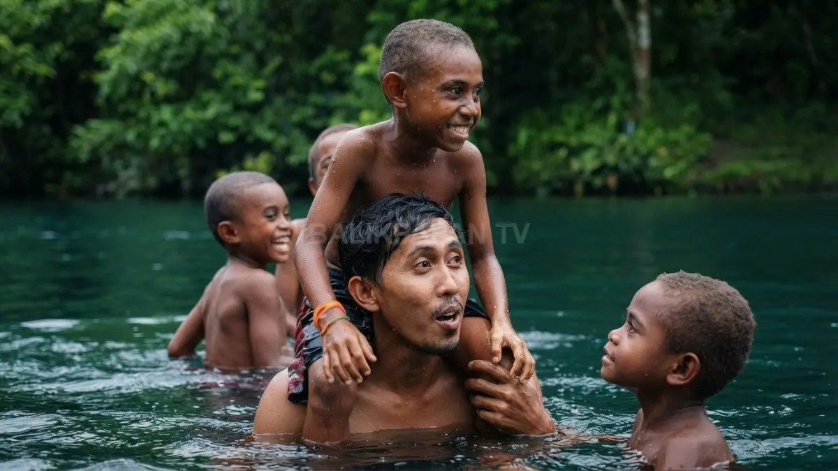 Anak-anak tampak ceria berenang bersama di jernihnya perairan Raja Ampat. (BTV/Ai)