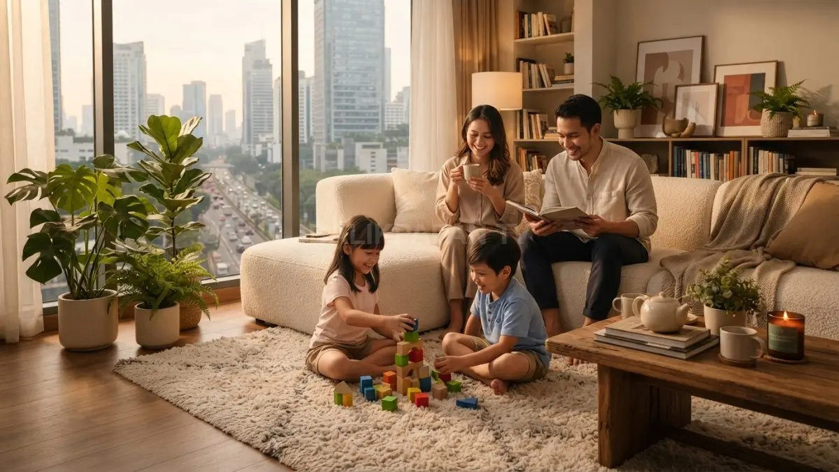 Area santai keluarga nyaman dengan karpet lembut pencahayaan hangat aroma eucalyptus menghadirkan kebersamaan setiap hari (BTV/AI)
