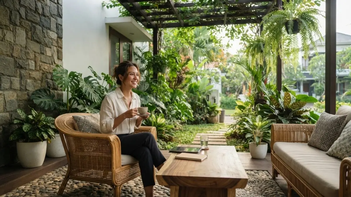 Area teras rumah tropis modern dengan batu alam, kursi rotan, dan vegetasi hijau yang menyejukkan. (BTV/AI)