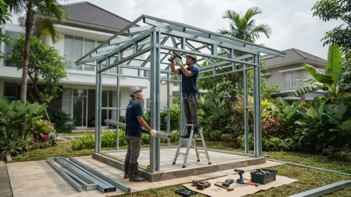 berikan gambar Proses pembangunan gazebo minimalis menggunakan struktur baja ringan di halaman belakang rumah. (BTV/AI)