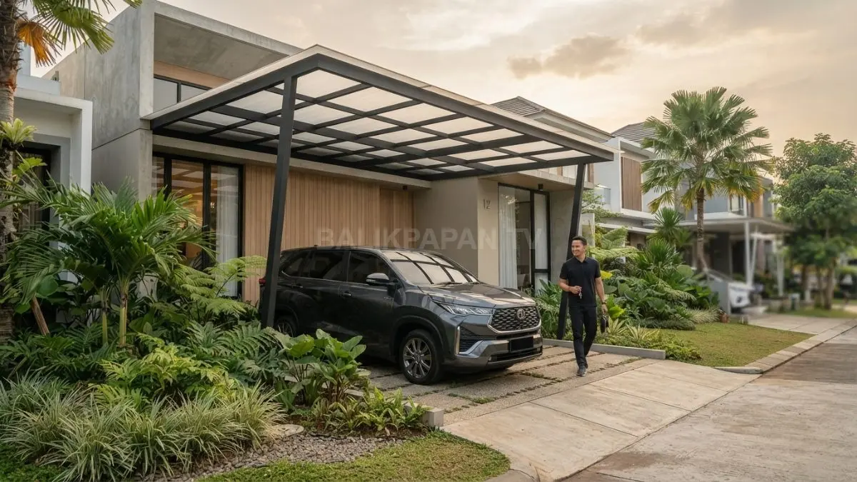 Carport minimalis mengutamakan garis tegas, material berkualitas, menghadirkan kesan elegan bersih tanpa ornamen berlebihan modern (BTV/AI)