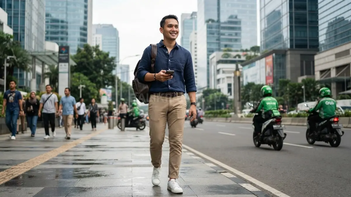Celana chino khaki atau cokelat muda serasi dipadukan dengan kemeja dan blazer untuk berbagai aktivitas (BTV/AI)
