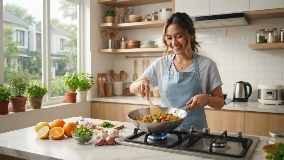 Dapur terasa bersih dengan aroma lemon rak terbuka tanaman herbal menghadirkan kesegaran alami sepanjang hari (BTV/AI)