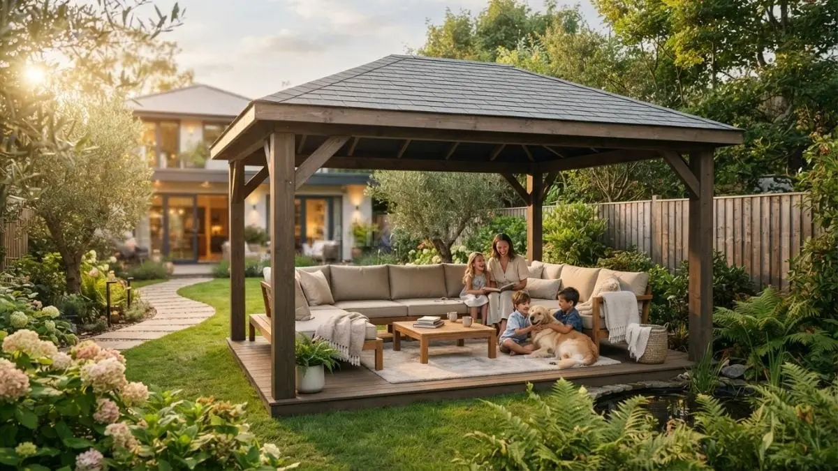 Gazebo minimalis menghadirkan ruang santai nyaman mempercantik halaman belakang rumah bagi keluarga setiap hari alami [BTV:AI]
