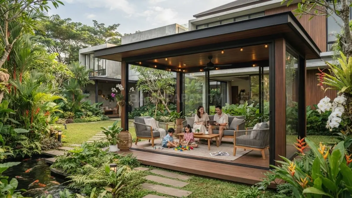 Gazebo minimalis modern menyatu dengan taman belakang rumah sebagai ruang santai keluarga yang nyaman. (BTV/AI)