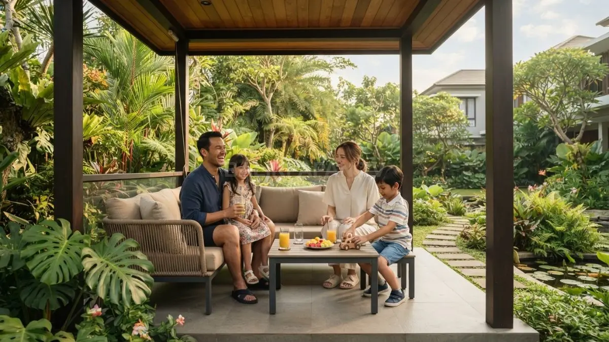 Gazebo minimalis nyaman dikelilingi tanaman peneduh untuk menjaga sirkulasi udara dan pencahayaan alami seimbang optimal (BTV/AI)