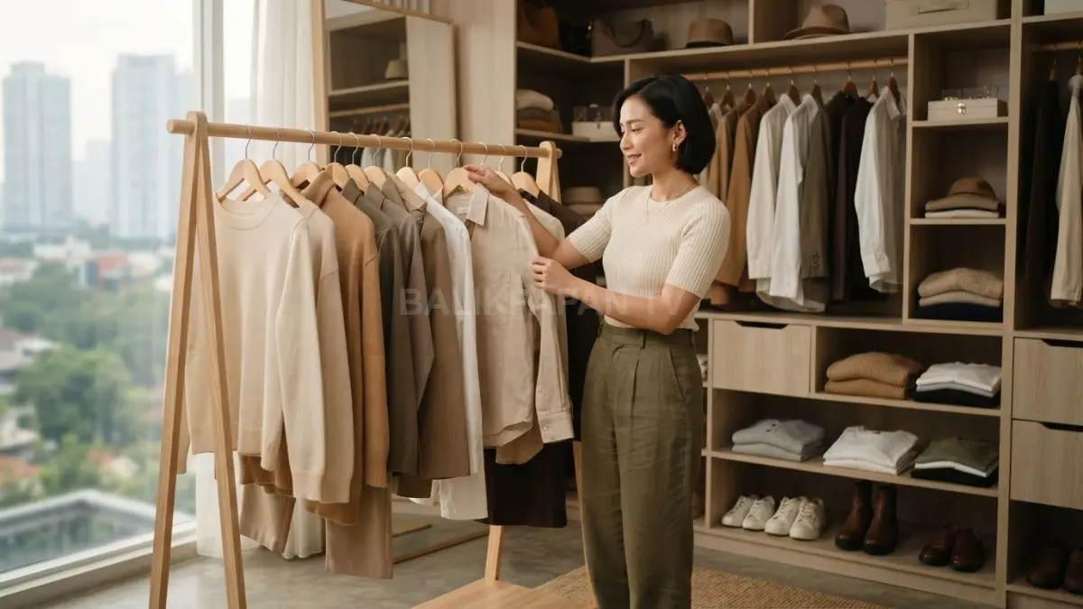 Inspirasi capsule wardrobe earth tone dengan koleksi pakaian berwarna netral yang mudah dipadukan. (BTV/AI)