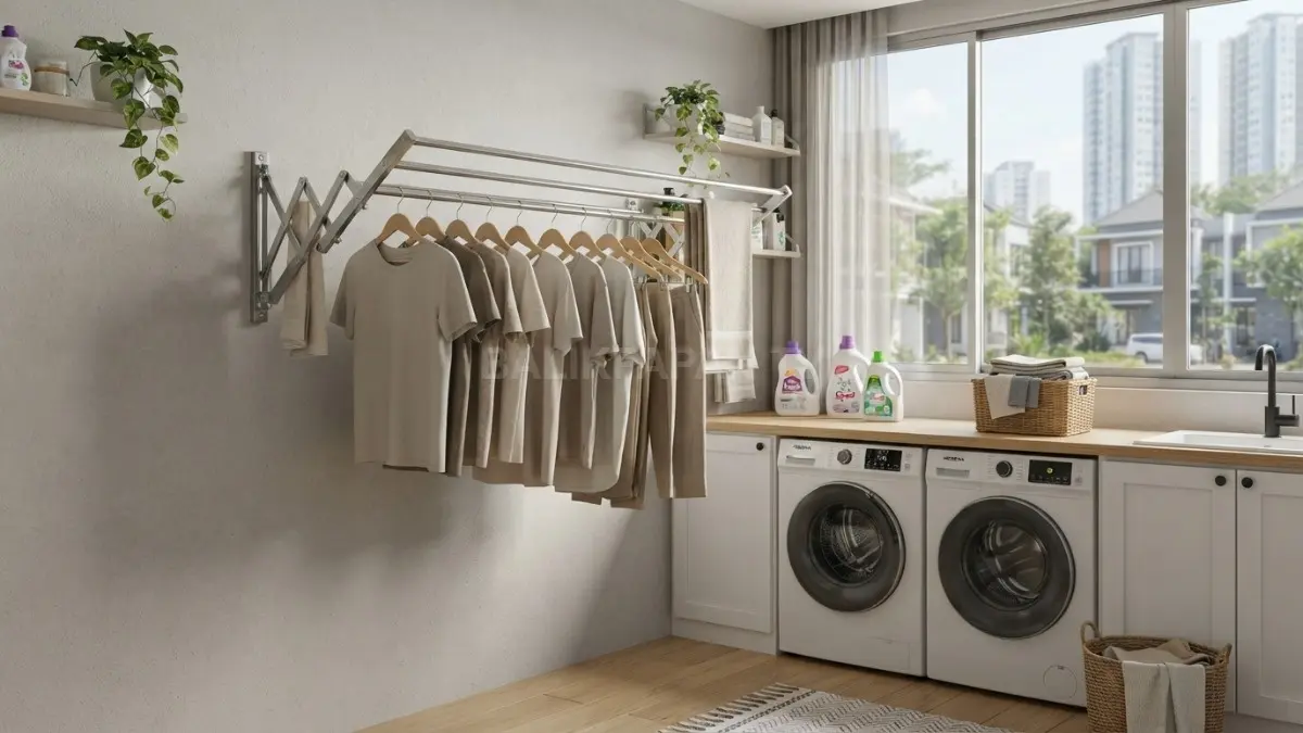 Jemuran lipat membantu menghemat ruang sekaligus menjaga area laundry tetap rapi dan nyaman setiap hari bersama. (BTV/AI)