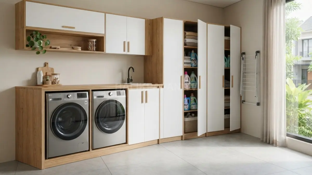 Kabinet tertutup membantu menyembunyikan perlengkapan sehingga area laundry terlihat lebih bersih dan tertata setiap hari bersama. (BTV/AI)