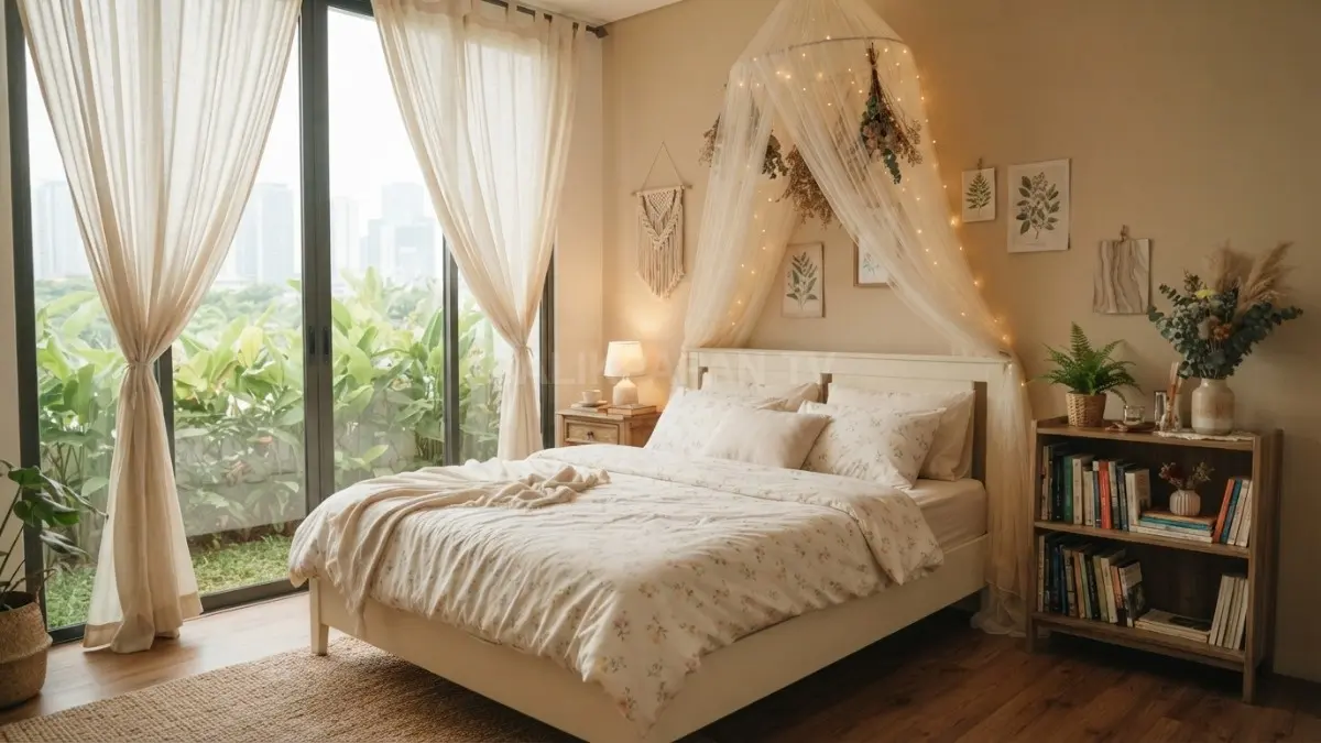 Kamar bergaya fairy-cottage beige menghadirkan suasana hangat, nyaman, alami untuk beristirahat dan bersantai setiap hari. (BTV/AI)