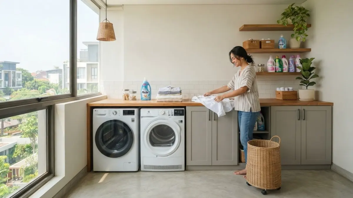 Meja di samping mesin cuci memudahkan melipat pakaian sekaligus menjaga area laundry tetap rapi bersama. (BTV/AI)