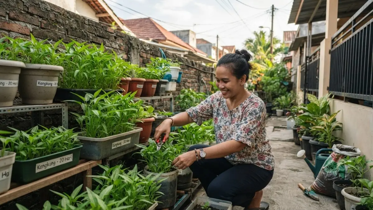 Menanam kangkung di pekarangan sempit menghadirkan sayuran segar cepat panen bagi keluarga Balikpapan hemat biaya (BTV/AI)