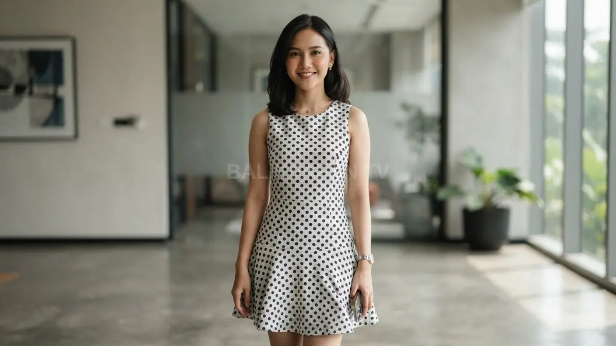 Model drop-waist bermotif polkadot menghadirkan siluet modern elegan untuk berbagai kesempatan bergaya percaya diri maksimal (BTV/AI)