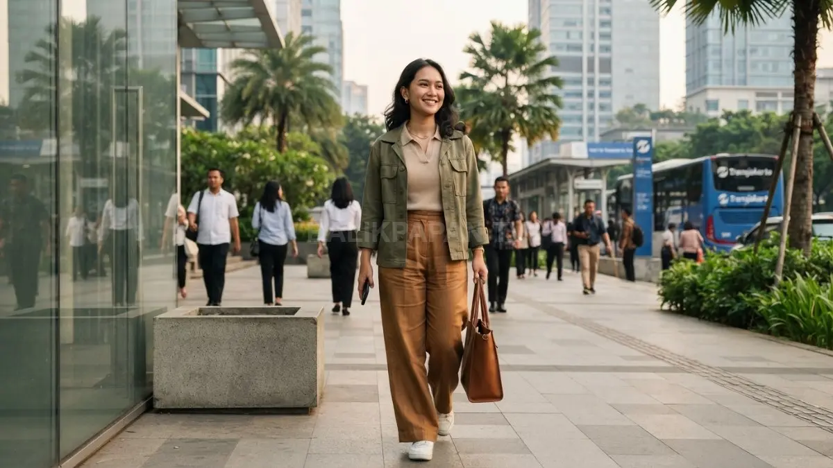 Model mengenakan outfit bernuansa earth tone dengan kombinasi beige, cokelat, dan olive untuk gaya kasual modern. (BTV/AI)