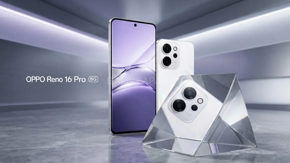 OPPO Reno 16 Pro 5G varian warna Pop White yang mengadopsi konsep visual 3D Pop Planet Design dengan susunan kamera simetris.