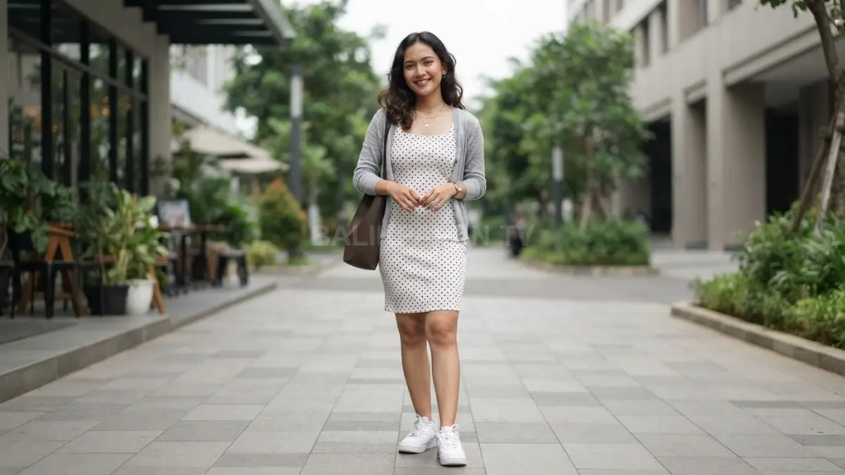 Padanan sneakers putih dan tas polos membuat dress polkadot tampil modern, seimbang, elegan, sepanjang hari nyaman (BTV/AI)
