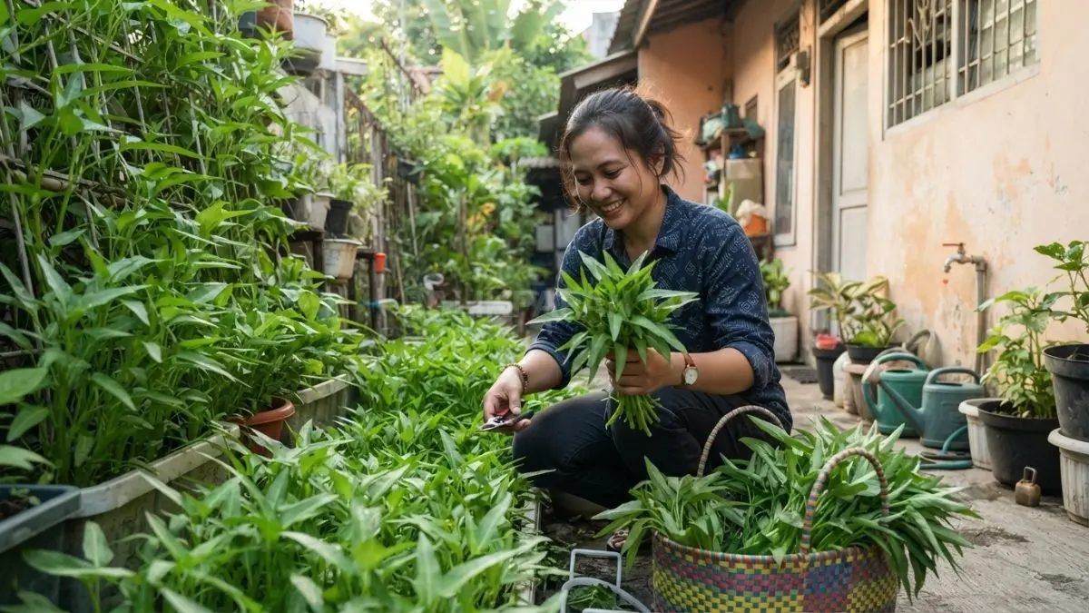 Panen kangkung segar hasil budidaya pekarangan sempit yang siap memenuhi kebutuhan dapur keluarga. (BTV/AI)