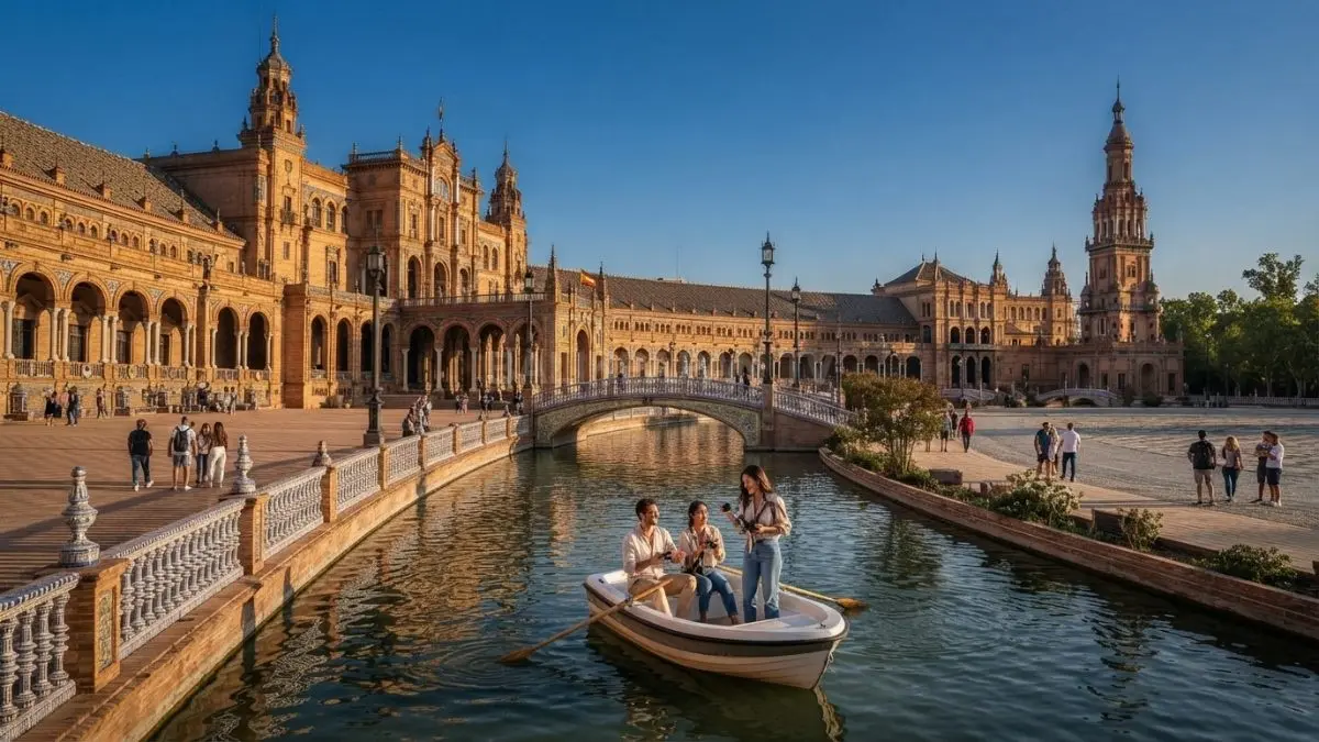 Panorama Plaza de España menampilkan kemegahan arsitektur, sejarah, budaya, dan pesona wisata Sevilla Andalusia memikat wisatawan (BTV/AI)
