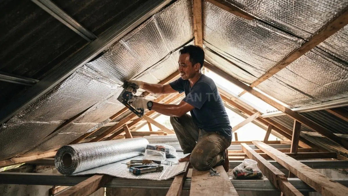 Pemasangan aluminium foil bubble di bawah atap seng rumah tropis untuk menahan radiasi panas siang hari. (BTV/AI)