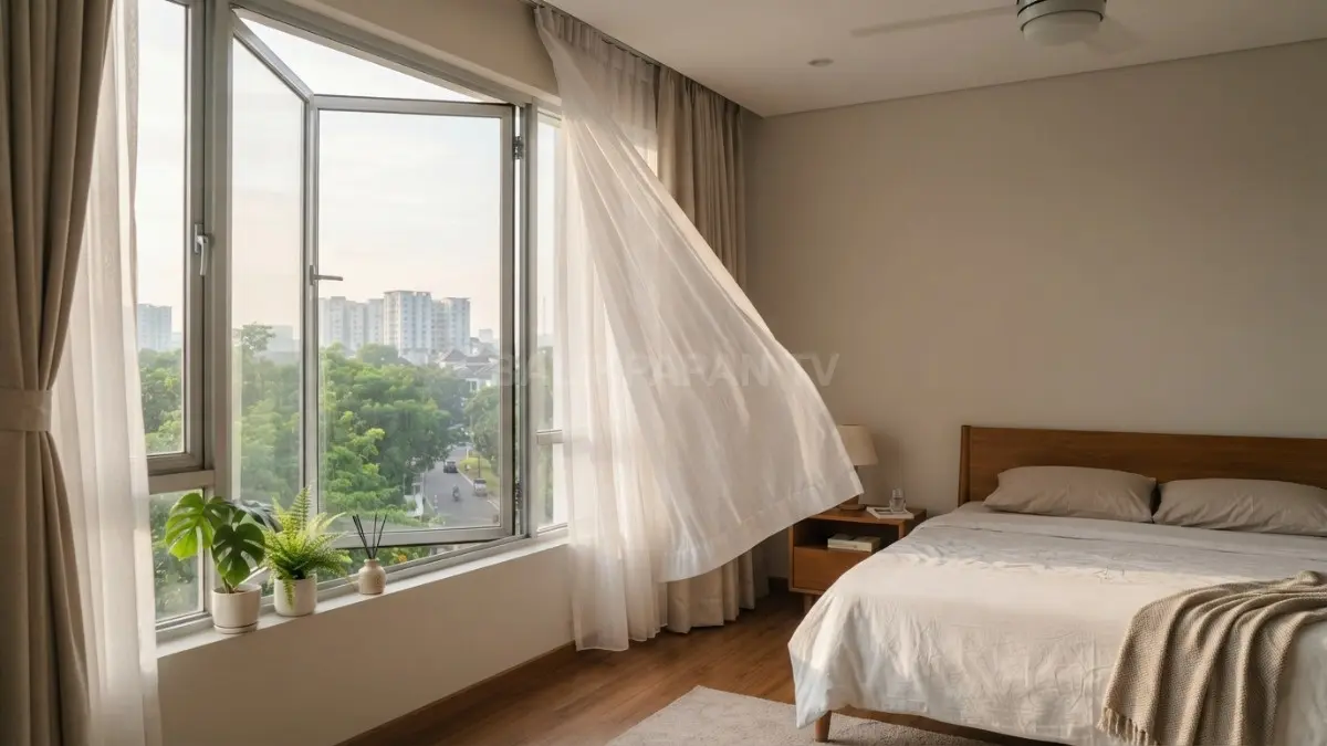Pemilik rumah membuka jendela pagi hari untuk meningkatkan sirkulasi udara di sekitar gorden. (BTV/AI)