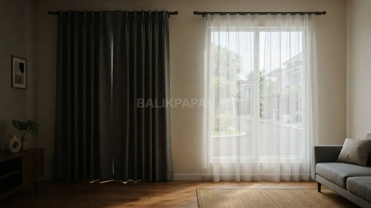 Perbandingan area belakang gorden tebal dan tirai tipis pada rumah dengan ventilasi berbeda. (BTV/AI)