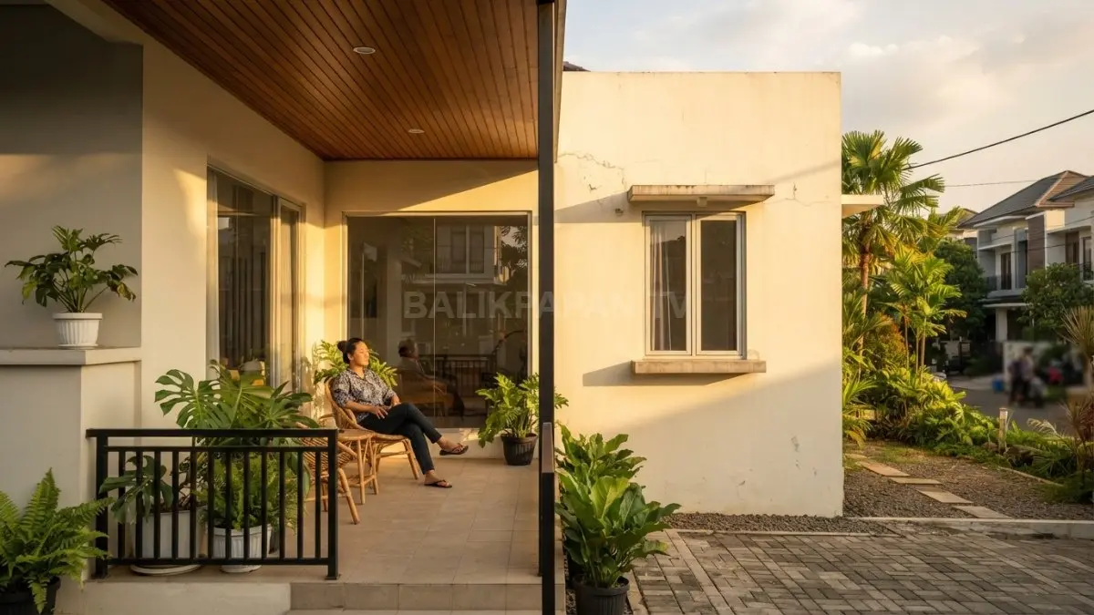 Perbandingan dinding rumah dengan veranda dan tanpa veranda saat menerima paparan matahari sore. (BTV/AI)