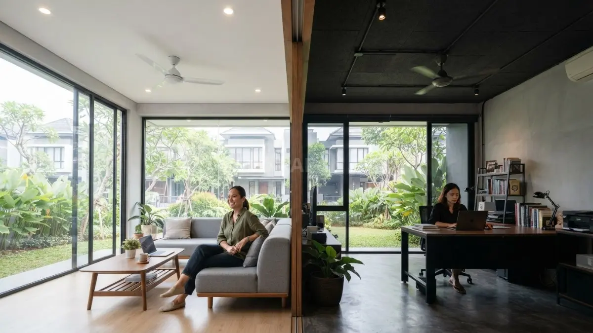 Perbandingan ruangan dengan plafon putih dan plafon gelap pada pencahayaan siang hari. (BTV/AI)