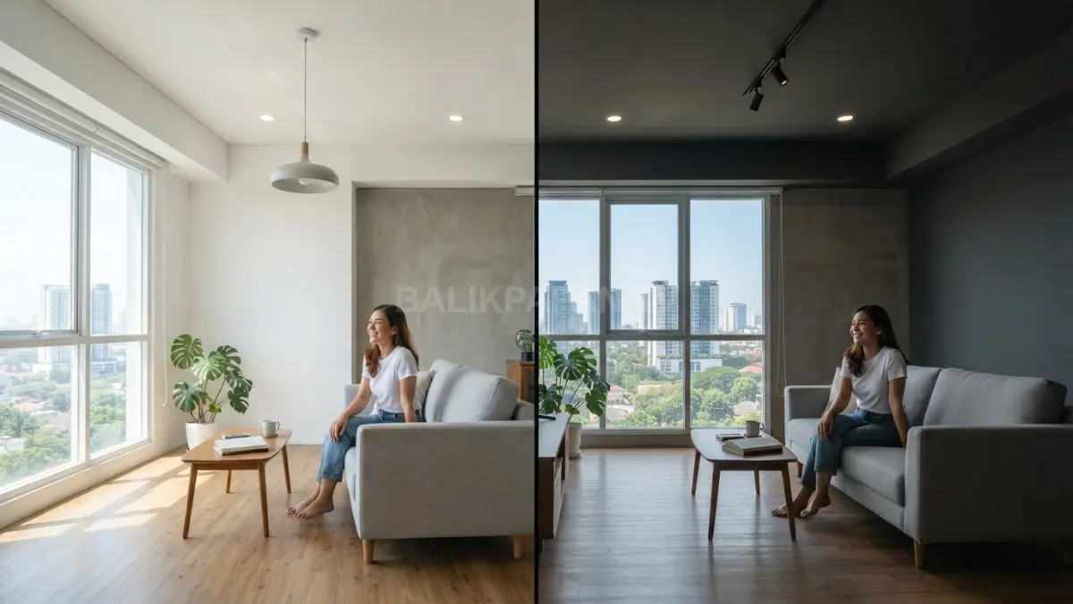Perbandingan ruangan dengan plafon putih dan plafon gelap pada pencahayaan siang hari. (BTV/AI)