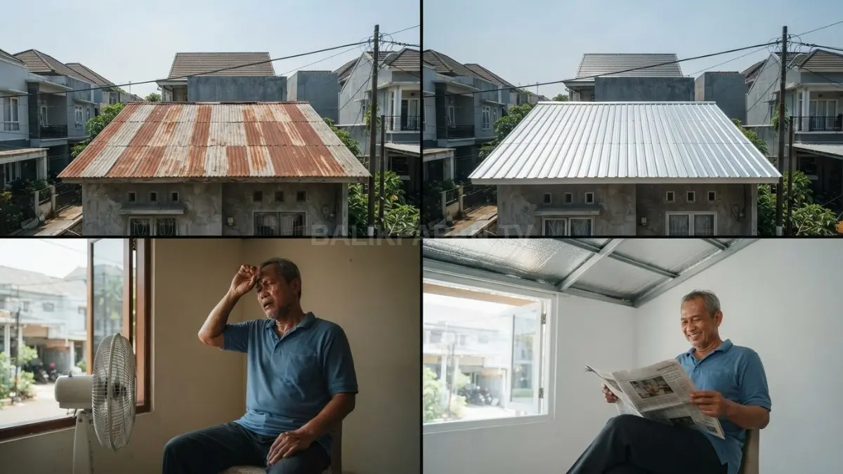 Perbandingan suhu plafon rumah sebelum dan sesudah menggunakan lapisan penahan panas atap seng. (BTV/AI)