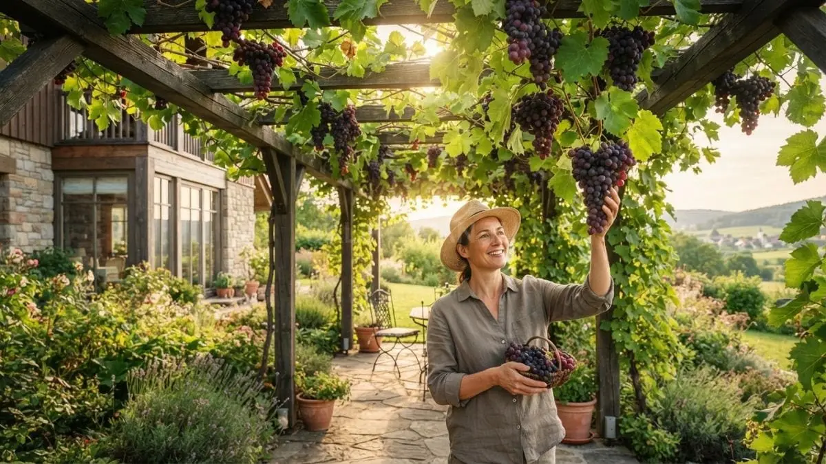 Pergola anggur mempercantik halaman rumah menghadirkan keteduhan sekaligus menghasilkan buah segar sepanjang musim alami berkelanjutan [BTV:AI]