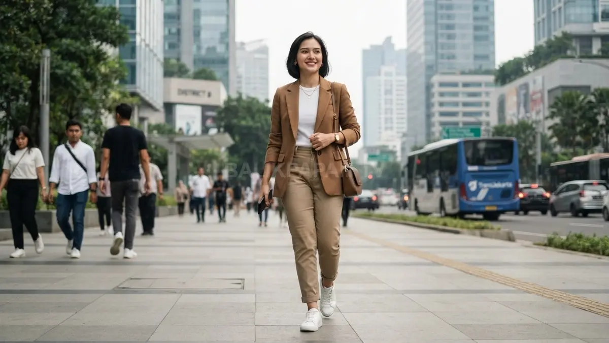Perpaduan blazer camel, celana khaki, dan sneakers putih untuk tampilan semi formal yang elegan. (BTV/AI)