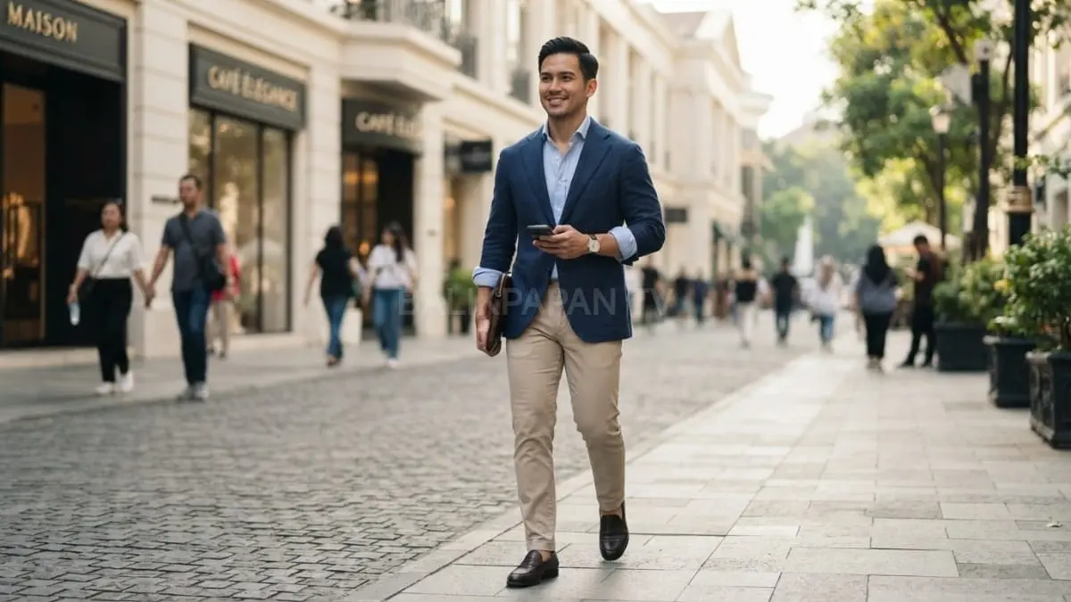 Pria mengenakan blazer navy dan celana chino menampilkan gaya Old Money sederhana, elegan, berkelas sepanjang hari. [BTV:AI]