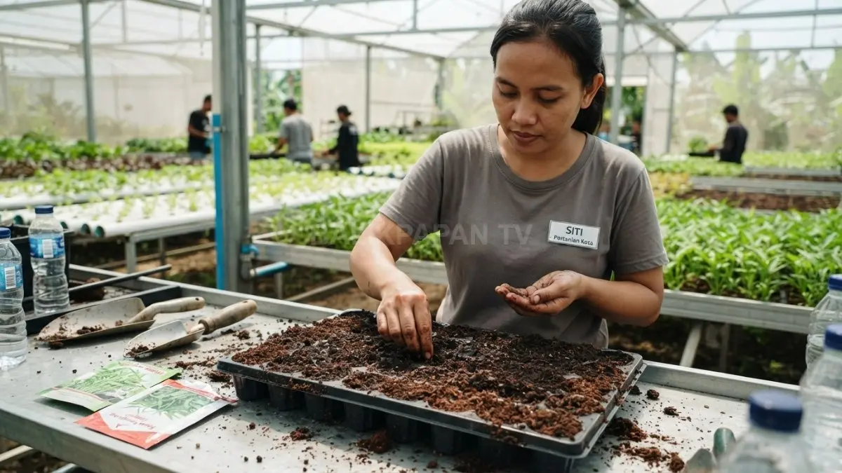 Proses penyemaian benih kangkung pada media tanam gembur untuk mendukung pertumbuhan optimal. (BTV/AI)