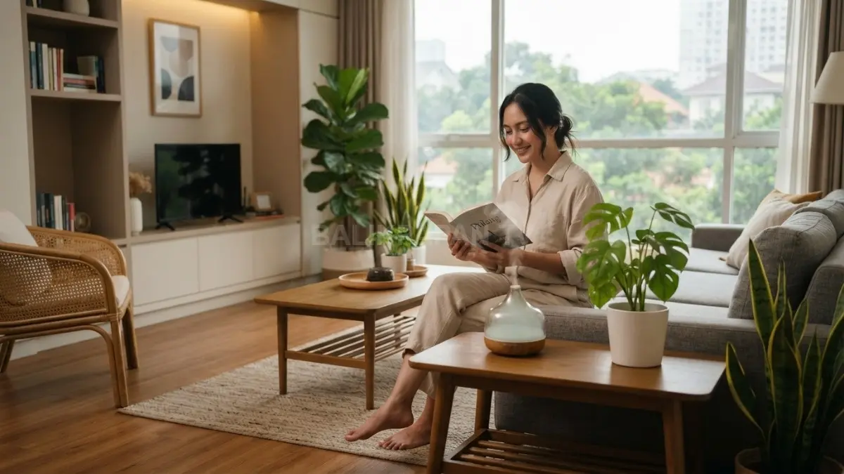 Ruang keluarga minimalis dengan diffuser aromaterapi dan tanaman hijau menciptakan suasana rumah yang nyaman. (BTV/AI)