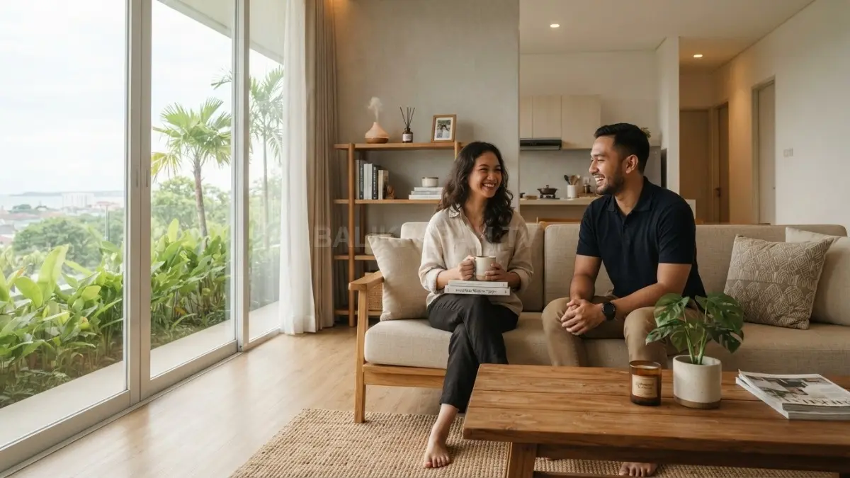 Ruang tamu minimalis memadukan kayu terang, linen, tanaman hijau, menghadirkan suasana hangat alami nan elegan (BTV/AI)