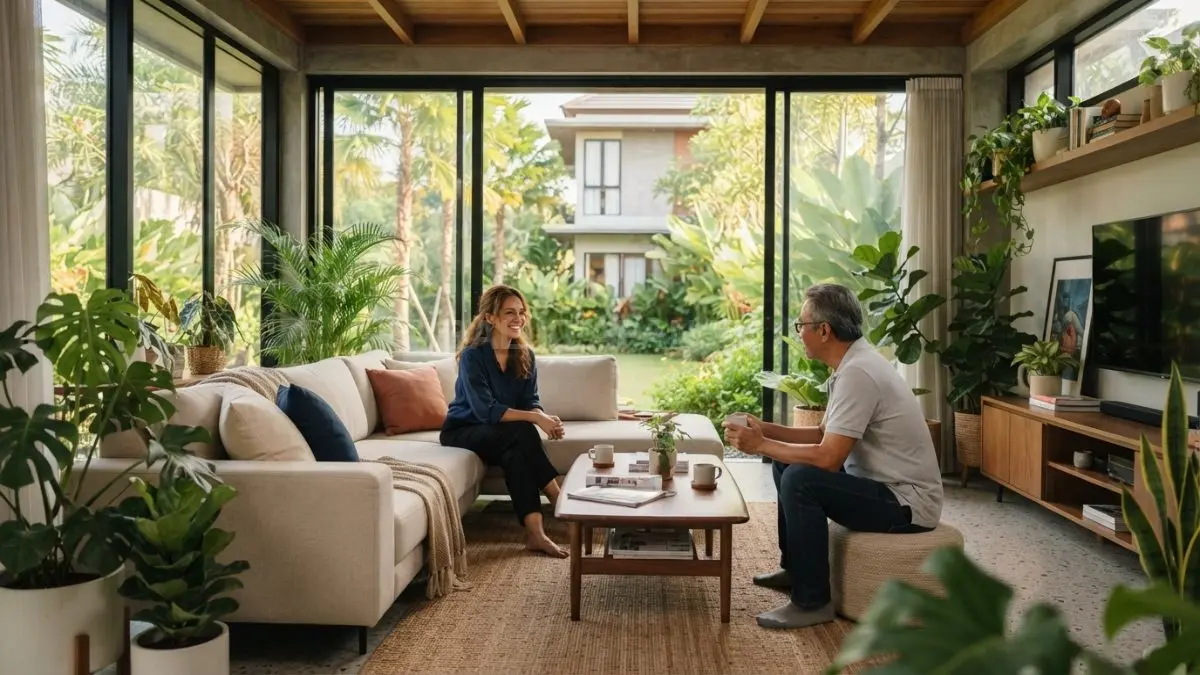 Ruang tamu tropis modern memadukan sofa netral, jendela besar, serta tanaman indoor yang menyegarkan. (BTV/AI)