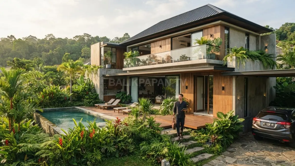 Rumah bergaya tropis modern dengan material kayu, tanaman hijau, dan pencahayaan alami di Balikpapan. (BTV/AI)