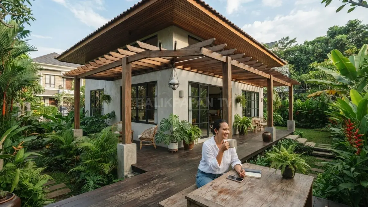 Rumah tropis dengan veranda mengelilingi bangunan yang melindungi dinding dari panas matahari langsung. (BTV/AI)