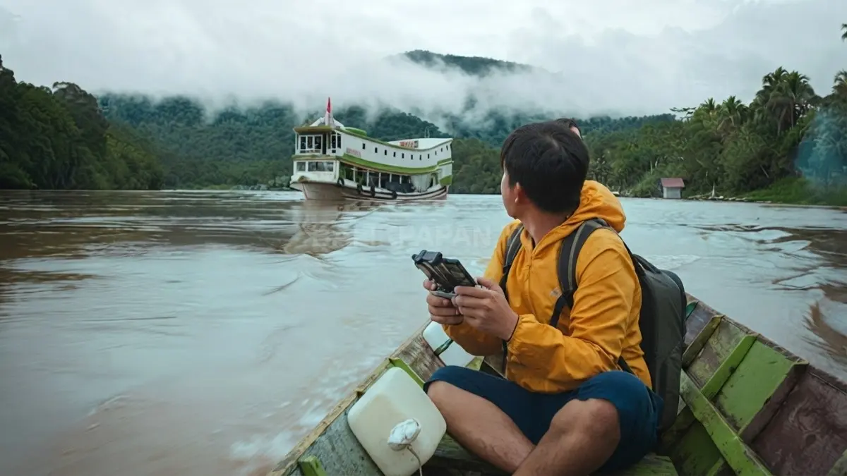 Speedboat menyusuri Sungai Mahakam menuju Mahakam Ulu dengan panorama sungai dan hutan Kalimantan. (BTV/AI)