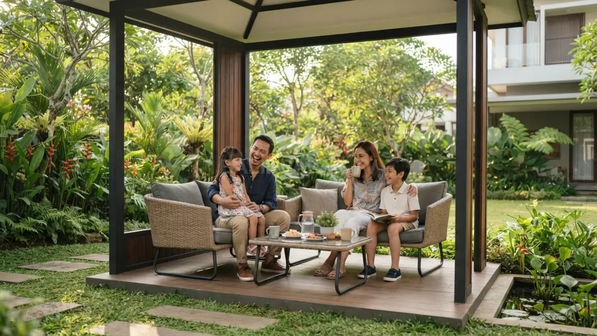 Suasana keluarga menikmati waktu santai di gazebo minimalis dengan taman hijau yang asri. (BTV/AI)